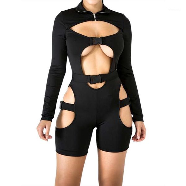 

novelty bandage club jumpsuit women hollow out long sleeve skinny shorts jumpsuit bodysuit 80751, Black;white