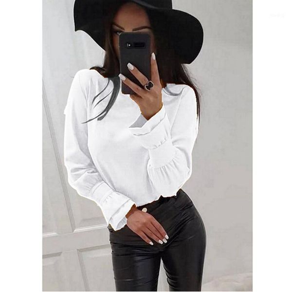 

women 2020 spring ruffle blouse shirt elegant casual o neck buttons pullover blusa lady autumn long sleeve blusa1, White