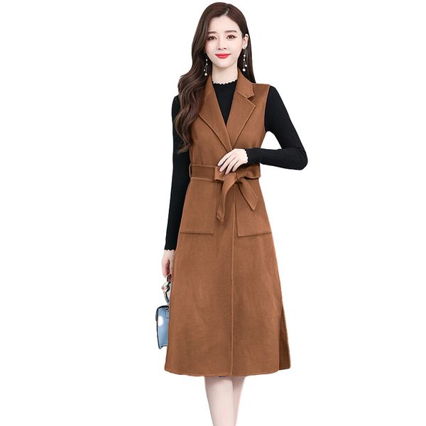 

2021 new autumn winter jacket women's waistcoat double-sided woolen vest coat new wild mid long sleeveless outerwear matching belt vefl, Black;white