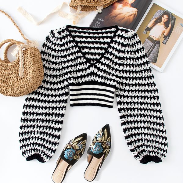 

2021 new european and american spring women's new style wholesale lantern sleeve short knit e1dc, White;black