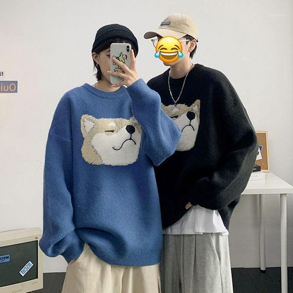 

sweater men's loose korean style trend thickened knitwear autumn and winter personality handsome hong kong style student sweater1, White;black