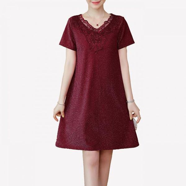 

L-5XL Big Size Office Lady Embroidery Party Loose Short Sleeve Plus Size Wine Red Black Elegant Woman Summer Cocktail Dresses