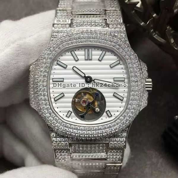 

r8f nautilus 5711 full diamonds real tourbillon mechanical hand-winding mens watch white dial diamond steel bracelet gents sports watches, Slivery;brown