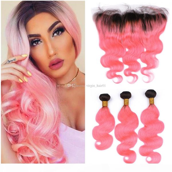

dark roots pink human hair bundles with frontal lace closure #1b pink ombre virgin indian body wave hair weaves with 13x4 lace frontals, Black;brown