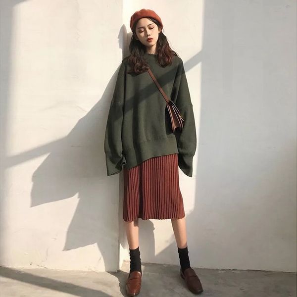 

gttar yu jie feng gang style sweater loose sweater style women suit fashion light cooked with red lazy foreign net skirt two pieces 2fmhd, Gray