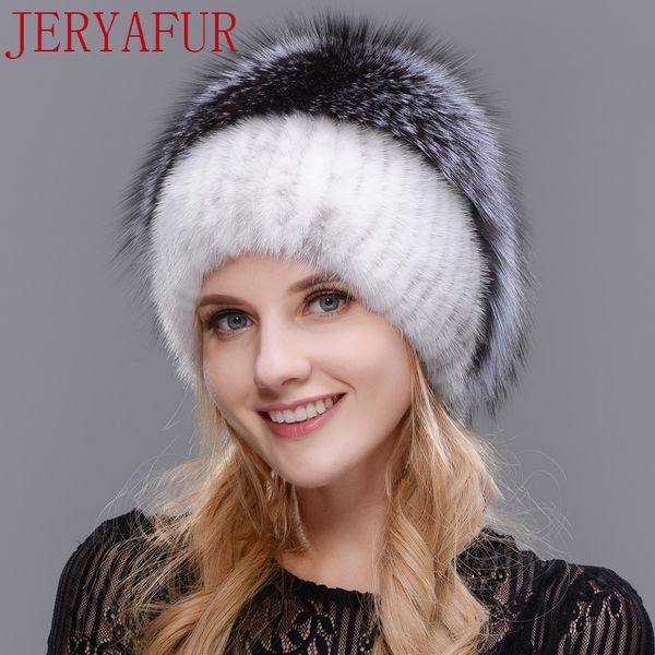 

jeryafur russian knit cap new listing mink and fox hat real fur hat cap hat winter woman ski cap protection ear send y201024, Blue;gray