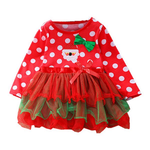 

kids girls mesh dress xmas theme tutu dress toddler baby cartoon santa outfits dot printed bows christmas girls casual clothes 061103, Red;yellow