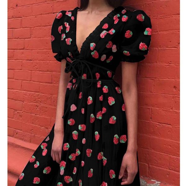 

women dress summer vintage strawberry embroidery ruffle lace v-neck ribbon dress 2021 holiday short sleeve sweet maxi dresses, Black;gray