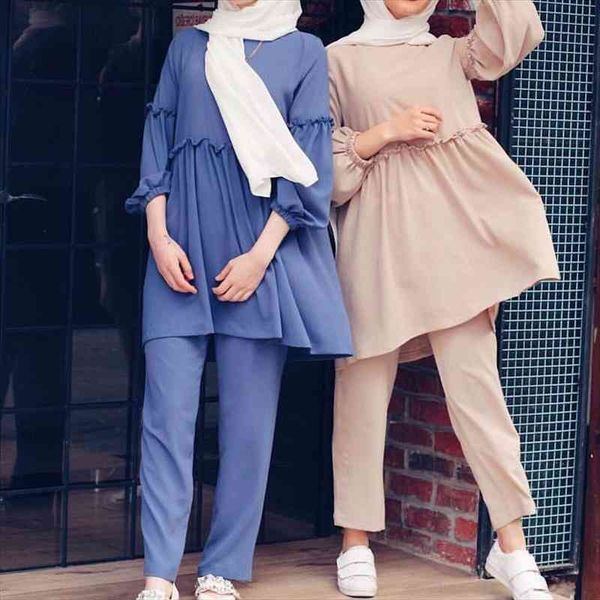 

wepbel muslim womens suit arab girls clothing middle east large robe arab dubai two piece set and pants muslim, White
