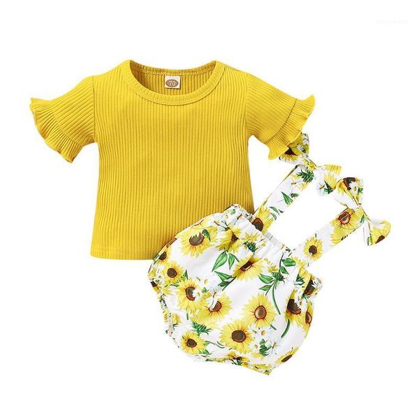 

clothing sets kancoold children's trumpet sleeve solid color pit strip + sunflower floral print suspenders summer burst suit1, White