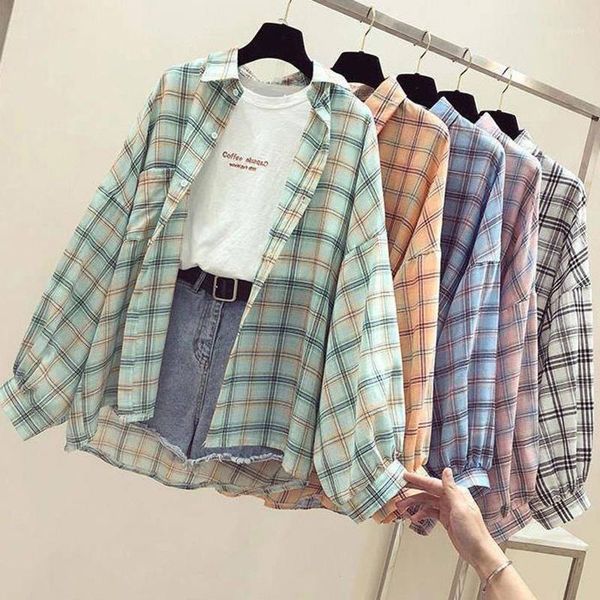

2020 fashion women plaid shirt oversized checked blouse long sleeve female casual print shirts loose cotton sunscreen, White