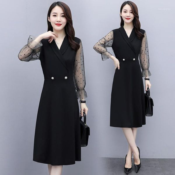 

women mesh plus size l-5xl dress xxl xxxl 3xl xxxxl 4xl long sleeve spring autumn slim casual party business office ladies dress1, Black;gray