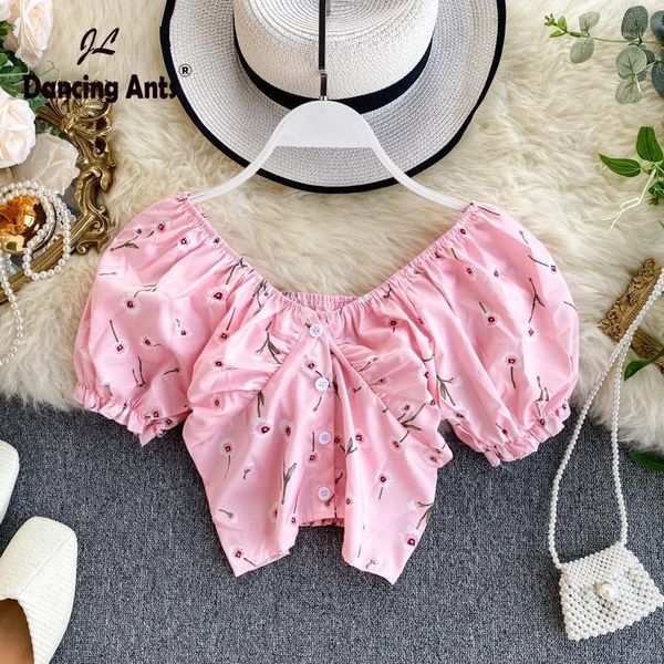 

women shirts short sleeve v-neck flower print slim shirt elastic waist short blouse 2021 fashion crop, White