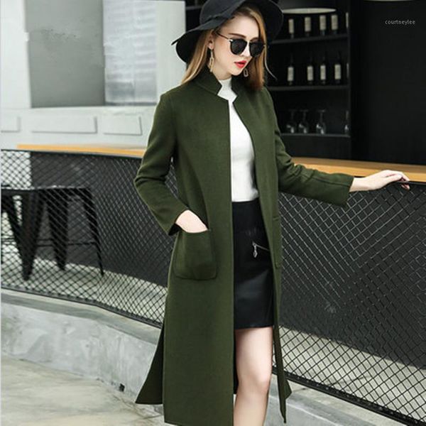 

women winter 2020 new autumn open stitch sashes manually two-sided wool coat female v-neck slim fashion side slit overcoat zx5081, Black