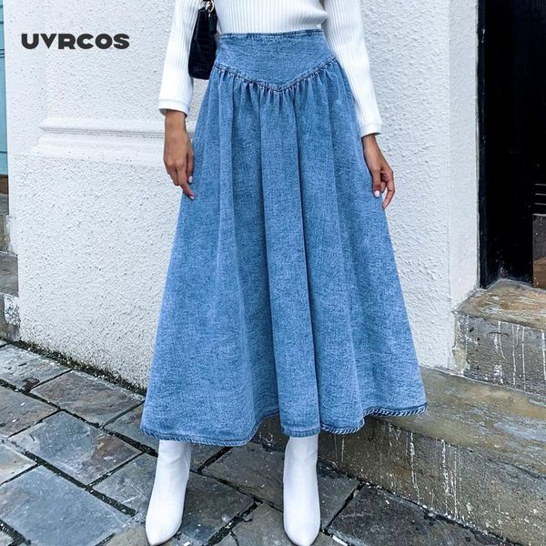 

uvrcos women maxi blue denim skirt pleated skirt 2020 autumn winter spring slim waist long jeans skirt casual solid office ladie y1214, Black