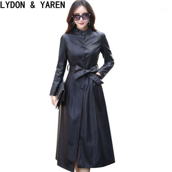 

2017 new women leather trench coat spring spring autumn fashion ladies leather jackets long single-breasted costumes plus size1, Black