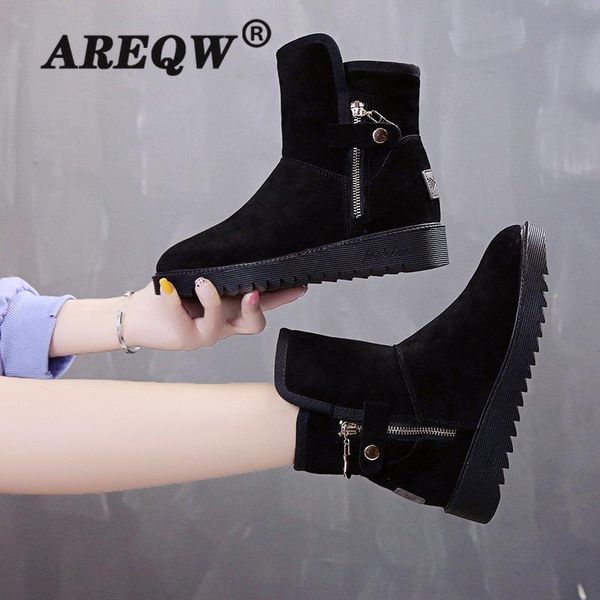 

areqw 2020 winter women's boots fashion ankle boots round toe high-heeled suede women's zapatos de mujer, Black
