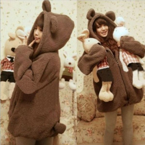 

vjpqa korean and little bear rabbit for with style tail coat sweater cartoon plush coat hooded sweater ears women ggvom, Black