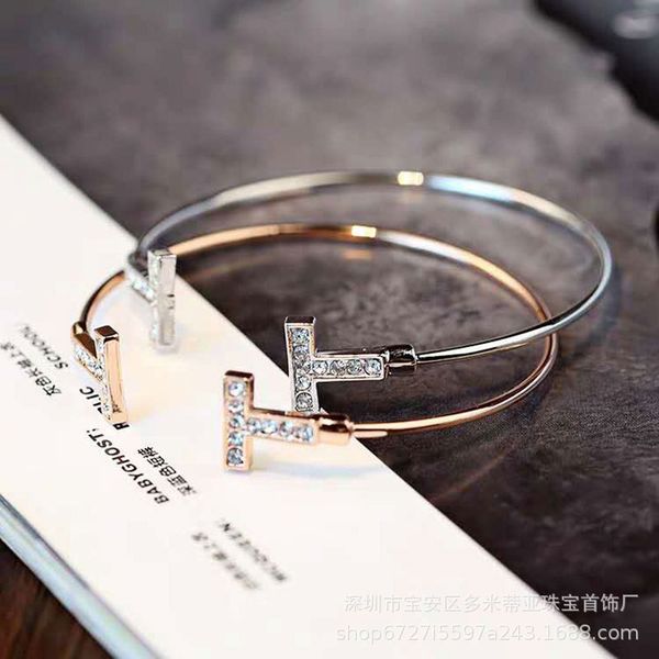 

women's diamond-encrusted double t-opening bracelet all-match bracelet bracelet tiktok same t-home ring live accessories, Golden;silver