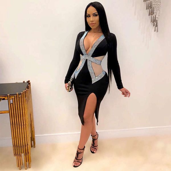 

deep v-neck mesh drill women's tight hip evening dress, Black;gray