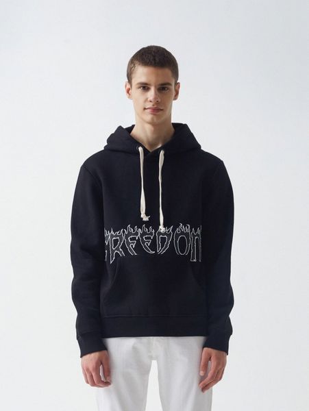 

men letter & fire graphic drawstring kangaroo pocket hoodie y9bm#, Black