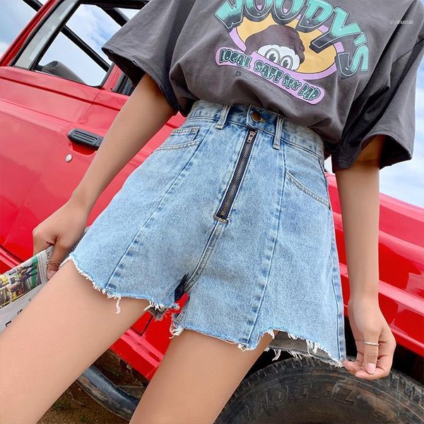 

new summer large size ladies denim shorts female students wide-legged pants long zip button high waist women short jeans11, Blue