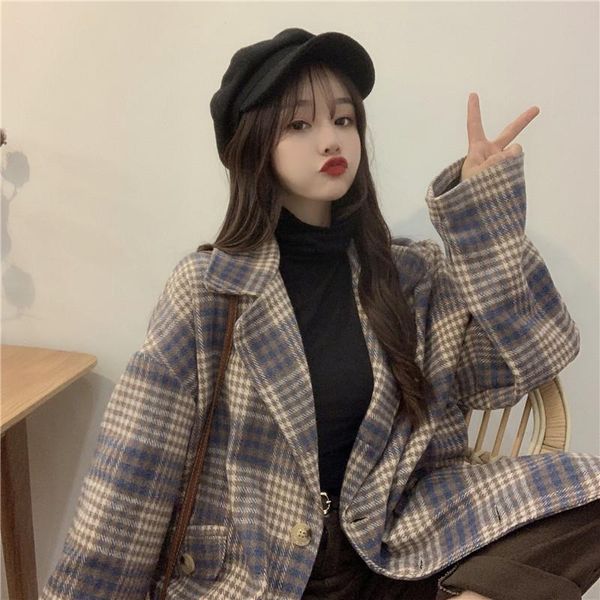 

autumn and winter new loose mid-length suit collar popular plaid hong kong style long sleeve woolen coat women's coat, Black