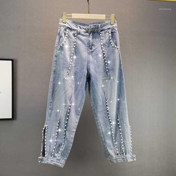 

beaded women jeans summer new high waist pocket harem loose wide leg solid ankle length female jeans, Blue