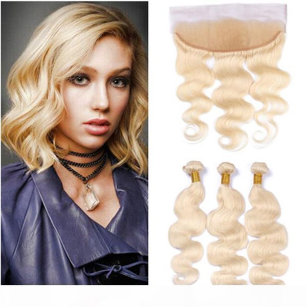 

russian blonde human hair 3pcs bundles with frontal body wave #613 bleach blonde weaves virgin hair wefts with 13x4 lace frontal closure, Black;brown