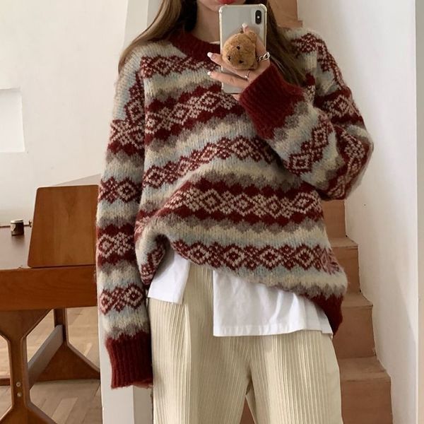 

2021 lazy christmas fall and new winter loose retro around neck the female sweater cfu9, White;black