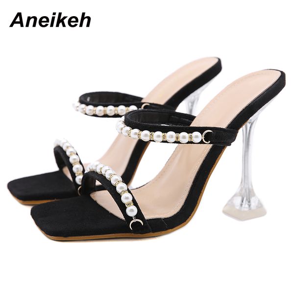 

aneikeh women shoes string bead narrow band 2021 summer crystal bordered fashion sweet wedding high heels pu slippers black c0129