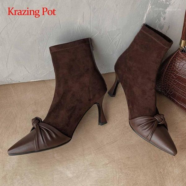 

boots krazing pot french romantic real leather butterfly-knot pleated pointed toe thin high heel zipper gorgeous dress ankle l361, Black