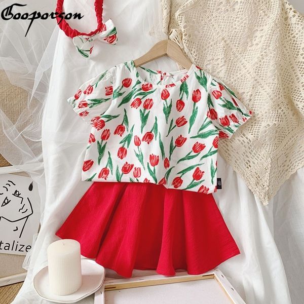 

gooporson summer kids clothes tulips flower skirt with headband fashion korean toddler girls clothing set children outfits t200707, White