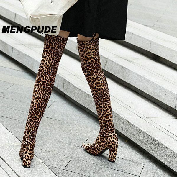 

mpd stretch fabrics leopard over the knee high boots winter square high heel slip on women shoes zapatos para mujer1, Black