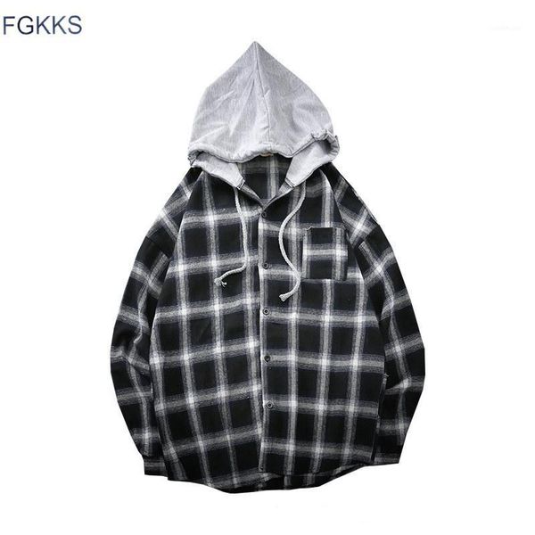 

fgkks men hooded plaid shirts spring summer men's long sleeve shirts casual brand male thin section shirt 1, White;black