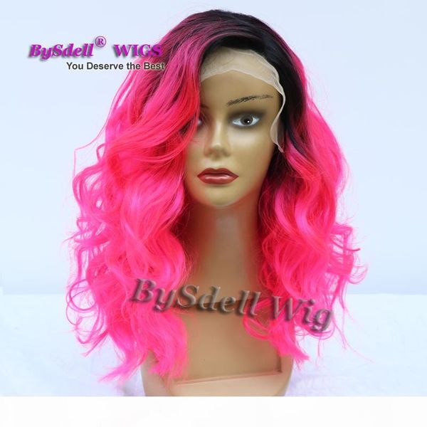 

gorgeous two ton black root ombre bright rose red color hair wig synthetic lace front wigs for fashion mermaid cosplay woman pastel hair