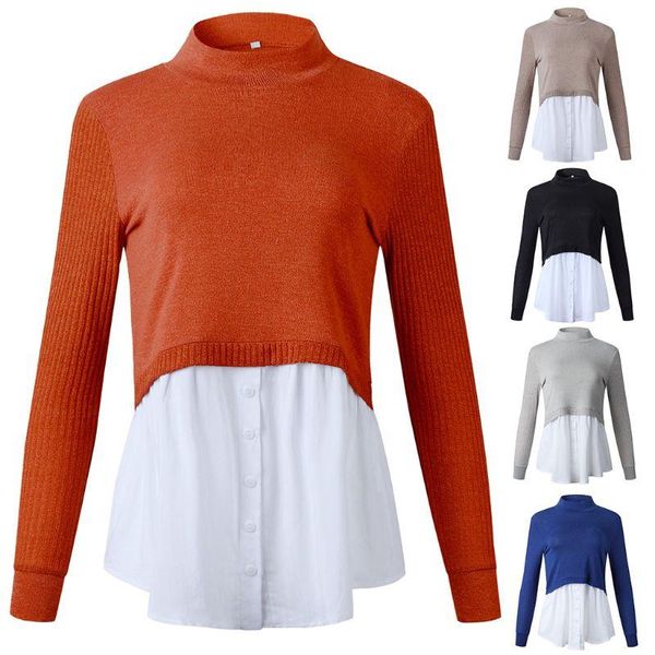 

women 2 in 1 patchwork pullover ribbed knitted long sleeve sweater button down layered shirt blouse hem jumper, White;black