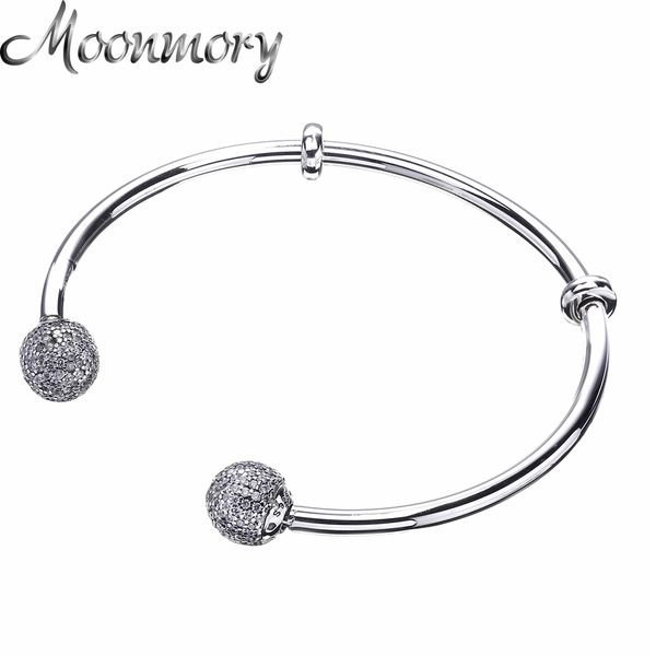 

moonmory moments silver open bangle with pave caps s925 sterling silver bead bracelet with clear zircon for woman diy jewelry y19051002, Black