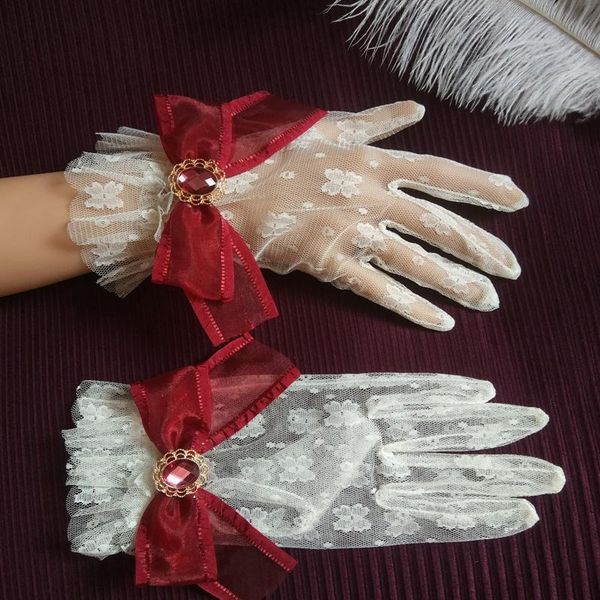 

short womens bridal lace gloves full finger cosplay party dress gloves wedding accessories bowknot wrist length wedding gloves h sqcbhq, White