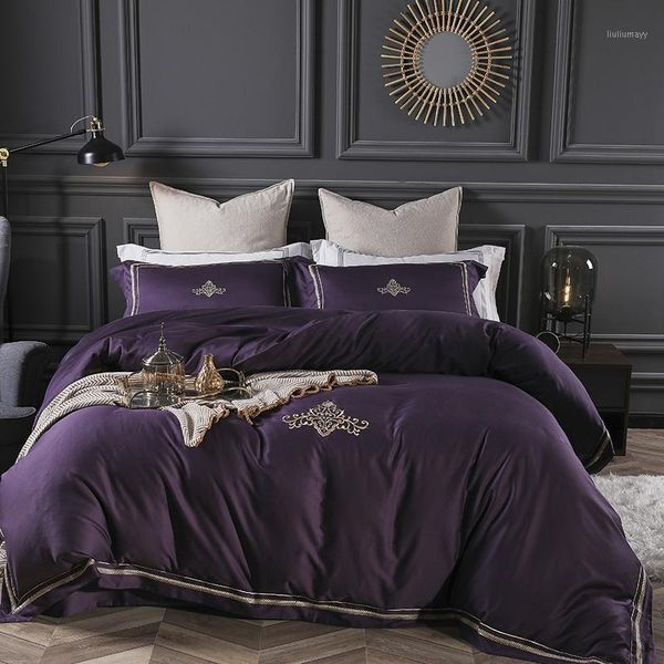 

purple  king size bedding sets luxury egyptian cotton bed set bed sheet set,bed set embroidery linen pillowcases1