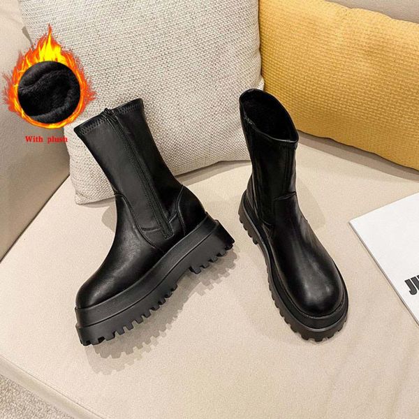 

women luxury mid calf boots lace up platform ladies non slip zipper pu leather shoes woman fashion casual female footwear c0202, Black