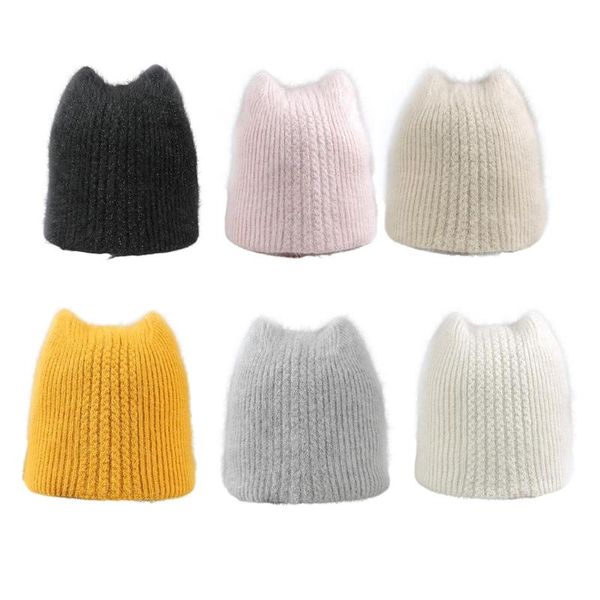 

winter knitted beanie hat for women cute kitty ears furry winter faux wool ear warmer solid color thicken warm skull cap, Blue;gray