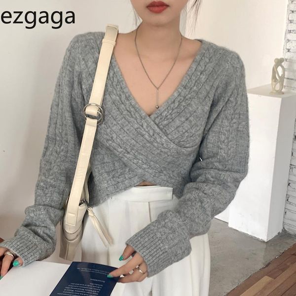 

ezgaga women sweater chic v-neck criis-cross twist design pullover solid long sleeve office lady elegant autumn warm casual, White;black