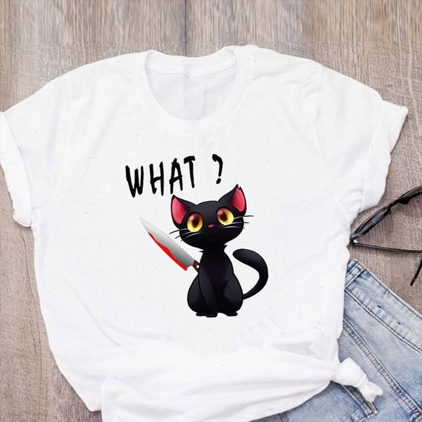 

what murderous black cat with knife t shirt women funny cartoon t shirt cute anime tee female streetwear harajuku tshirt, White