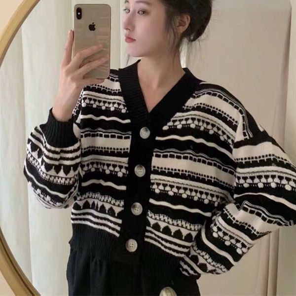 

striped sweater women 2020 spring festival short lazy sweater sweaterstyle thickened and loose wear korean net red knitted cardigan 204ov 20, White;black