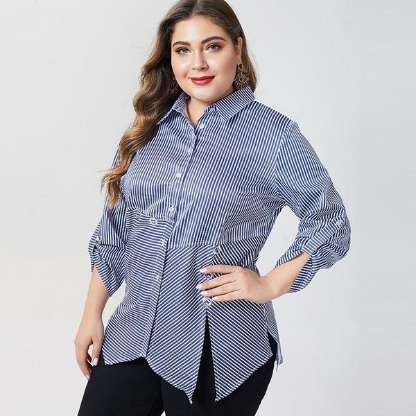 

2020 autumn womens plus size long sleeve irregularblouses fashion ladies vintage elegant mom plus size stripe, White