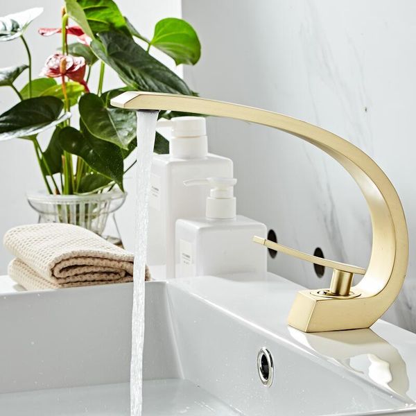 

bathroom basin faucet brushed gold solid brass unique design sink mixer tap and cold waterfall basin faucet