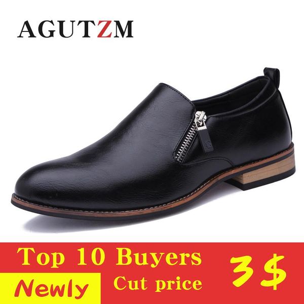 

2020 casual/business formal shoes men zip leather dress shoes rubber sole wood heel comfortable flat male footwear high quality, Black