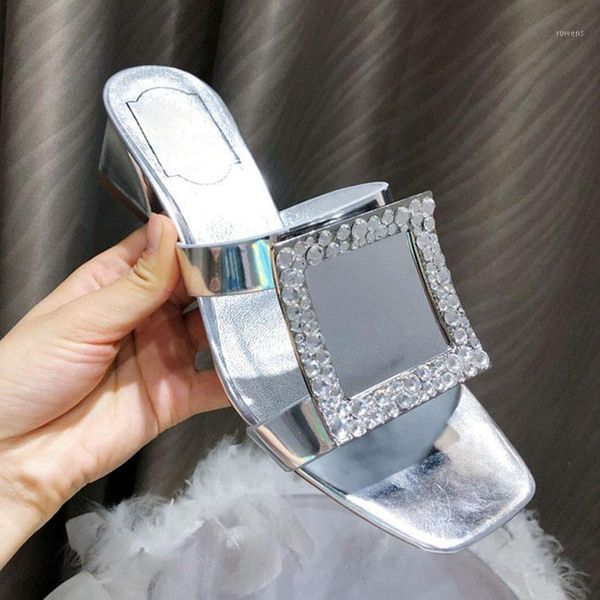 

2020 summer diamond heel shoes women color slippers runway square toe ladies party sandals slides shoes1, Black