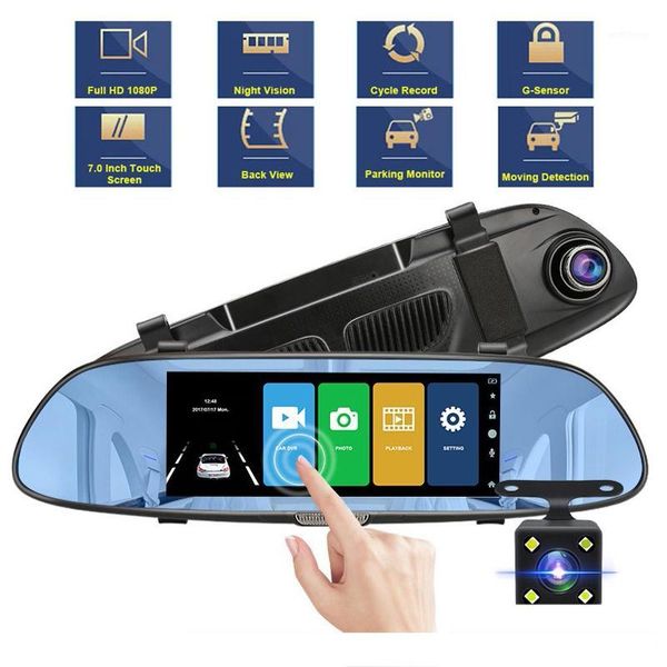 

7 inch touch screen car dvr rearview mirror camera 1080p night vision car driving recorder dual lens dash camera auto recorder1